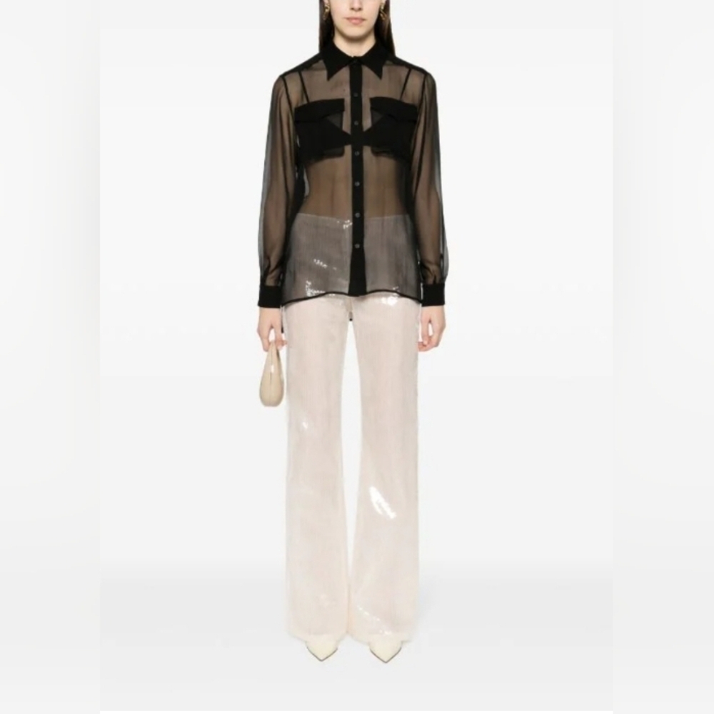 Alberta ferretti silk sheer button down w leather accents.